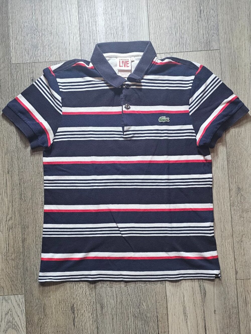 Lacoste L!VE Men's Striped Polo Shirt Navy Blue Red White Size Small
